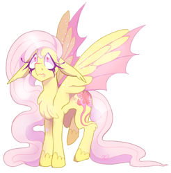 Size: 640x651 | Tagged: safe, artist:beebee, imported from derpibooru, fluttershy, bat pony, pegasus, pony, alternate design, bat ponified, chest fluff, fangs, female, floppy ears, flutterbat, hybrid wings, mare, race swap, simple background, solo, white background, wings