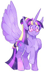 Size: 545x825 | Tagged: safe, artist:beebee, imported from derpibooru, twilight sparkle, alicorn, pony, alternate design, facial hair, female, glasses, goatee, mare, one wing out, raised hoof, simple background, solo, twilight sparkle (alicorn), white background, wings