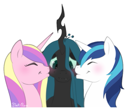 Size: 509x442 | Tagged: safe, artist:binkyroom, imported from derpibooru, princess cadance, queen chrysalis, shining armor, alicorn, changeling, pony, unicorn, bisexual, bisexual female, canterlot wedding 10th anniversary, cheek kiss, chrysarmordance, cute, female, kiss sandwich, kissing, lesbian, lesbian in front of boys, male, polyamory, shipping, simple background, sticker, straight, transparent background