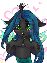 Size: 1200x1600 | Tagged: source needed, safe, artist:falafeljake, imported from derpibooru, queen chrysalis, changeling, changeling queen, blushing, canterlot wedding 10th anniversary, crown, cute, cutealis, eye clipping through hair, fangs, female, fingers together, floppy ears, heart, hooves together, insect wings, jewelry, looking at you, mare, regalia, shy, simple background, solo, spread wings, weapons-grade cute, white background, wings