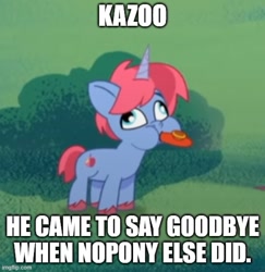 Size: 500x515 | Tagged: safe, edit, edited screencap, imported from derpibooru, screencap, pony, unicorn, spoiler:g5, spoiler:my little pony: tell your tale, spoiler:tyts01e03, caption, colt, cropped, derp, foal, g5, image macro, kazoo, kazoo (g5), male, musical instrument, my little pony: tell your tale, sisters take flight, solo, text