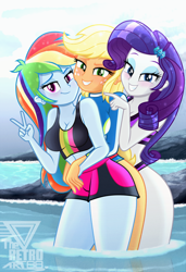Size: 1488x2170 | Tagged: safe, artist:theretroart88, imported from derpibooru, applejack, rainbow dash, rarity, human, equestria girls, equestria girls series, forgotten friendship, beach shorts swimsuit, blushing, breasts, busty applejack, busty rainbow dash, busty rarity, clothes, eyeshadow, female, grin, hug, hug from behind, legs, lesbian, looking at you, makeup, partially submerged, peace sign, polyamory, rainbow dash's beach shorts swimsuit, rarijackdash, rarity's beach shorts swimsuit, sexy, shipping, smiling, smiling at you, standing in water, stupid sexy applejack, stupid sexy rainbow dash, stupid sexy rarity, swimsuit, trio, trio female, water