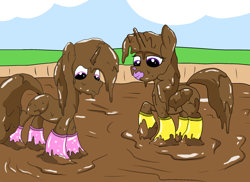 Size: 2200x1600 | Tagged: safe, artist:amateur-draw, imported from derpibooru, twilight sparkle, oc, oc:belle boue, alicorn, pony, unicorn, boots, covered in mud, female, male, mare, mud, mud bath, mud play, mud pony, muddy, rain boots, request, requested art, shoes, simple background, stallion, twilight sparkle (alicorn), wellies, wet and messy