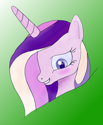 Size: 1080x1312 | Tagged: safe, artist:kujivunia, imported from derpibooru, princess cadance, alicorn, blushing, bust, canterlot wedding 10th anniversary, embarrassed, female, gradient background, head only, mare, portrait, princess, queen chrysalis nearby, smiling, solo, wife