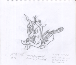 Size: 1763x1523 | Tagged: safe, artist:pink amena, imported from derpibooru, queen chrysalis, changeling, changeling larva, changeling queen, atg 2016, canterlot wedding 10th anniversary, female, mommy chrissy, monochrome, newbie artist training grounds, pencil drawing, simple background, traditional art