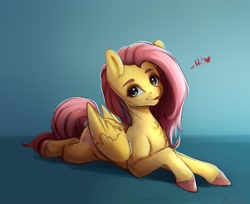 Size: 3336x2716 | Tagged: safe, artist:miokomata, imported from derpibooru, fluttershy, pegasus, pony, cute, eyeshadow, female, freckles, freckleshy, heart, lying down, makeup, mare, open mouth, open smile, prone, shyabetes, smiling, solo, talking to viewer