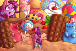 Size: 1280x853 | Tagged: safe, artist:butterball451, imported from derpibooru, part of a set, oc, oc only, pegasus, pony, cake, candy, chocolate, clothes, commission, cupcake, donut, food, freckles, heart eyes, lollipop, not twilight sparkle, open mouth, part of a series, pride, pride flag, socks, solo, striped socks, this will end in weight gain, transgender pride flag, weight gain sequence, wingding eyes