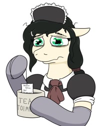 Size: 847x1058 | Tagged: safe, artist:jargon scott, imported from derpibooru, oc, oc only, oc:floor bored, earth pony, pony, bust, clothes, female, floppy ears, hoof hold, maid, mare, mug, sad, silica gel, simple background, solo, this will end in death, wavy mouth, white background
