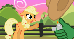 Size: 1768x944 | Tagged: safe, artist:estories, artist:rawtszy, imported from derpibooru, applejack, oc, oc:anon, earth pony, human, pony, 4chan, abuse, anonymous, applejack's hat, cowboy hat, crying, evil, hat, jackabuse, lighter, offscreen character, offscreen human