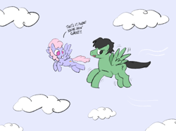 Size: 2732x2048 | Tagged: safe, artist:rawtszy, imported from derpibooru, rainbowshine, oc, oc:anon, oc:anon stallion, pegasus, pony, anon in equestria, anonymous, background pony, caption, cloud, flying, scared, sky, text, transformation