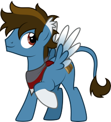 Size: 2317x2533 | Tagged: safe, artist:lightning stripe, imported from derpibooru, oc, oc:skelter wind, pegasus, pony, bandana, brown mane, brown tail, coat markings, colored wings, commission, gradient wings, leonine tail, male, raised hoof, red eyes, show accurate, simple background, smiling, socks (coat markings), solo, spread wings, stallion, tail, transparent background, vector, wings
