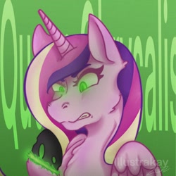Size: 1080x1080 | Tagged: safe, artist:illustra_kay, imported from derpibooru, princess cadance, queen chrysalis, canterlot wedding 10th anniversary, disguise, disguised changeling, fake cadance, glowing, glowing eyes, gritted teeth, solo, teeth, transformation