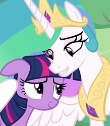 Size: 725x833 | Tagged: safe, imported from derpibooru, screencap, princess celestia, twilight sparkle, alicorn, pony, season 9, the ending of the end, spoiler:s09, cropped, cute, cutelestia, duo, duo female, female, hug, mare, momlestia, smiling, twiabetes, twilight sparkle (alicorn), winghug, wings