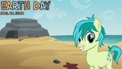 Size: 2064x1161 | Tagged: safe, artist:cheezedoodle96, artist:not-yet-a-brony, edit, imported from derpibooru, sandbar, earth pony, 2022, april, beach, earth day, ocean, show accurate, smiling, water