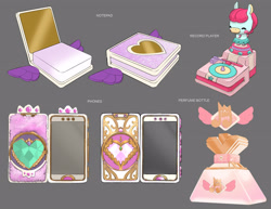 Size: 3300x2550 | Tagged: safe, artist:vivian lieu, imported from derpibooru, leak, spoiler:g5, cellphone, concept art, g5, my little pony: make your mark, notepad, official, perfume, phone, record player, smartphone