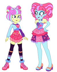 Size: 2719x3427 | Tagged: safe, artist:gmaplay, imported from derpibooru, kiwi lollipop, supernova zap, human, equestria girls, clothes, duo, duo female, female, k-lo, legs, miniskirt, postcrush, simple background, skirt, su-z, transparent background, zettai ryouiki