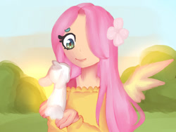 Size: 1280x960 | Tagged: safe, artist:muuiishu, imported from derpibooru, angel bunny, fluttershy, human, rabbit, animal, beanbrows, eye contact, eyebrows, flower, flower in hair, hair over one eye, humanized, looking at each other, looking at someone, outdoors, smiling, winged humanization, wings