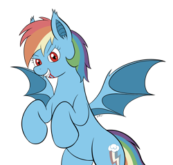 Size: 3162x3028 | Tagged: safe, artist:wapamario63, imported from ponybooru, rainbow dash, bat pony, bipedal, blood, commission, fangs, female, grin, looking at you, mare, smiling, solo, spead wings