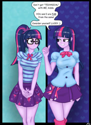 Size: 1280x1761 | Tagged: safe, artist:lennondash, imported from derpibooru, sci-twi, twilight sparkle, equestria girls, abuse, bowtie, breasts, busty sci-twi, busty twilight sparkle, clothes, duo, duo female, female, geode of telekinesis, glasses, grin, leg warmers, lidded eyes, looking at each other, looking at someone, magical geodes, ponytail, self paradox, skirt, smiling, speech bubble, thumbs up, twolight