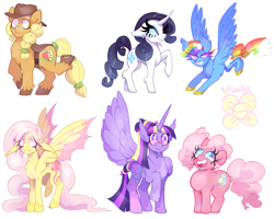 Size: 1791x1432 | Tagged: safe, artist:seabeescribbles, imported from derpibooru, applejack, fluttershy, pinkie pie, rainbow dash, rarity, twilight sparkle, alicorn, bat pony, earth pony, pegasus, pony, unicorn, alternate design, bat ponified, braid, female, flutterbat, glasses, hybrid wings, mane six, mare, race swap, saddle, simple background, tack, white background, wings