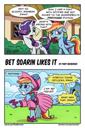 Size: 1280x1921 | Tagged: safe, artist:pony-berserker, imported from derpibooru, rainbow dash, rarity, pegasus, pony, unicorn, wonderbolts academy, annoyed, clothes, comic, dress, female, hat, implied spitfire, male, mare, offscreen character, offscreen male, peeved, punishment, rainbow dash always dresses in style, sad, speech bubble, tomboy taming