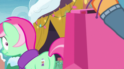 Size: 1280x720 | Tagged: safe, imported from derpibooru, screencap, applejack, minty bubblegum, earth pony, pony, best gift ever, bag, butt, clothes, duo, duo female, female, mare, offscreen character, plot, scarf, shrunken pupils, solo focus