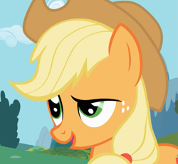 Size: 953x882 | Tagged: safe, imported from twibooru, applejack, earth pony, pony, applejack's hat, bust, cowboy hat, female, freckles, hat, i seriously hope you guys don't do this, image, mare, png, reaction image, solo