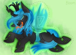 Size: 900x650 | Tagged: safe, artist:bloommoonbeam, imported from derpibooru, queen chrysalis, changeling, changeling queen, canterlot wedding 10th anniversary, chest fluff, female, green background, leg fluff, simple background, solo, tongue out