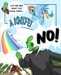 Size: 3500x4250 | Tagged: safe, artist:taytinabelle, artist:top plush, imported from derpibooru, rainbow dash, oc, oc:anon, human, pegasus, pony, butt, butt hold, chest fluff, cup, cute, dialogue, dock, ear fluff, female, flying, knife, looking at you, male, mare, meme, no, onomatopoeia, open mouth, plot, ponified, ponified meme, question mark, rainbow trail, silly, smiling, sound effects, spilled drink, spread wings, tail, vine video, wings