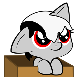 Size: 2000x2000 | Tagged: safe, artist:djspacer, imported from derpibooru, oc, oc only, oc:kyo, pony, big ears, black and white mane, box, cute, eyelashes, female, filly, foal, gray coat, hooves, looking up, one ear down, pony in a box, red eyes, simple background, solo, transparent background, vector