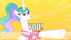 Size: 1920x1080 | Tagged: safe, edit, edited screencap, imported from derpibooru, screencap, princess celestia, alicorn, pony, caption, fine print, image macro, lyrics, pointing, solo, soulja boy, text, you