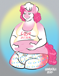 Size: 2550x3300 | Tagged: safe, artist:hornbuckle, imported from derpibooru, pinkie pie, oc, oc:rachel, anthro, earth pony, human, series:lovethetf, belly, belly button, belly grab, bubble berry, character to character, chubby, chubby cheeks, clothes, colored lineart, crotch bulge, fat, female to male, growth, human oc, human to anthro, moobs, obese, rule 63, solo, transformation, transformation sequence, transforming clothes, transgender transformation, weight gain, weight gain sequence