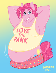 Size: 2550x3300 | Tagged: safe, artist:hornbuckle, imported from derpibooru, pinkie pie, anthro, earth pony, series:lovethetf, armpits, belly, belly button, bhm, bubble berry, character to character, chubby, chubby cheeks, clothes, colored lineart, crotch bulge, fat, female to male, grin, human to anthro, male, moobs, obese, rule 63, smiling, solo, transformation, transformation sequence, transgender transformation, weight gain, weight gain sequence