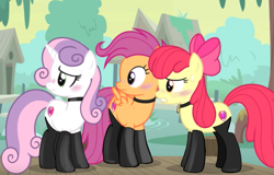 Size: 2027x1297 | Tagged: safe, artist:anonymous, edit, edited screencap, imported from derpibooru, screencap, apple bloom, scootaloo, sweetie belle, earth pony, pegasus, pony, unicorn, growing up is hard to do, blushing, choker, clothes, cutie mark crusaders, female, latex, latex socks, mare, older, older apple bloom, older cmc, older scootaloo, older sweetie belle, pet tag, socks, sweat, thigh highs