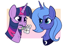 Size: 527x390 | Tagged: safe, artist:lulubell, imported from derpibooru, princess luna, twilight sparkle, alicorn, pony, blushing, cute, female, flower, lesbian, lunabetes, mare, mouth hold, s1 luna, shipping, twiabetes, twiluna