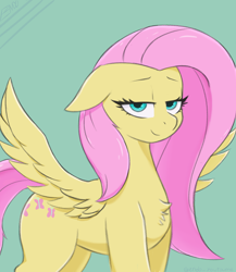 Size: 3500x4039 | Tagged: safe, artist:endo, imported from derpibooru, fluttershy, pegasus, pony, bedroom eyes, chest fluff, female, floppy ears, green background, looking at you, simple background, smiling, smug, smugshy, solo, wings