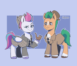 Size: 1921x1663 | Tagged: safe, artist:agfavio, idw, imported from derpibooru, hitch trailblazer, zipp storm, earth pony, pegasus, pony, spoiler:comic, spoiler:g5comic, spoiler:g5comic03, blushing, clothes, deerstalker, detective, detective zipp, female, g5, hat, john watson, male, mare, my little pony: a new generation, necktie, pipe, sherlock holmes, stallion, zipplock