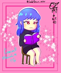 Size: 3464x4096 | Tagged: safe, artist:fredddraws_nsfw, imported from derpibooru, oc, oc:cosmia nebula, human, birthday gift, book, chair, clothes, humanized, humanized oc, reading, sitting, skirt, sparkles, sweater