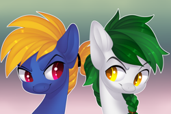 Size: 3000x2000 | Tagged: safe, artist:xvostik, imported from derpibooru, oc, oc only, oc:meadow skip, oc:slashbuckler, earth pony, pegasus, fanfic:song of seven, braided ponytail, earth pony oc, hair tie, looking at each other, looking at someone, male, pegasus oc, stallion