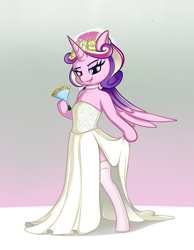 Size: 1215x1569 | Tagged: safe, artist:andelai, imported from derpibooru, princess cadance, alicorn, semi-anthro, alternate hairstyle, arm hooves, bipedal, canterlot wedding 10th anniversary, clothes, colored wings, dress, female, horn, mare, multicolored hair, multicolored mane, multicolored wings, simple background, skirt, skirt pull, socks, solo, spread wings, thigh highs, wedding dress, wedding veil, wings