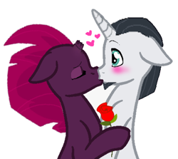 Size: 486x434 | Tagged: safe, artist:decokenite, artist:secret monsters, imported from derpibooru, chancellor neighsay, fizzlepop berrytwist, tempest shadow, pony, unicorn, blushing, broken horn, duo, eyes closed, eyeshadow, female, flower, heart, horn, kiss on the lips, kissing, makeup, male, mare, rose, shipping, shocked, shocked expression, shocked eyes, simple background, sitting, stallion, straight, tempest neighsay, white background