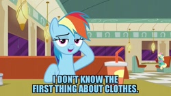 Size: 1024x576 | Tagged: safe, edit, edited screencap, imported from derpibooru, screencap, honey curls, mare e. lynn, rainbow dash, pony, the saddle row review, caption, female, image macro, mare, meme, solo focus, text, we don't normally wear clothes