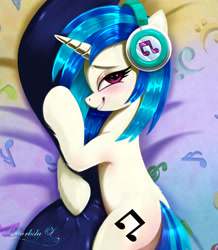 Size: 1772x2029 | Tagged: safe, alternate version, artist:darksly, imported from derpibooru, dj pon-3, vinyl scratch, pony, unicorn, bedroom eyes, blushing, body pillow, body pillow design, cute, female, grin, headphones, mare, pillow, smiling, solo, vinylbetes