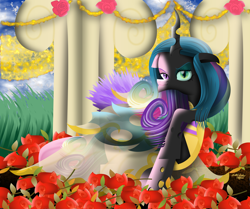 Size: 4500x3761 | Tagged: safe, artist:lincolnbrewsterfan, derpibooru exclusive, imported from derpibooru, princess cadance, queen chrysalis, changeling, changeling queen, a canterlot wedding, alicorn wings, anniversary, anniversary art, bedroom eyes, canopy, canterlot wedding 10th anniversary, changeling wings, cheeselegs, clothes, cobblestone street, colored eyebrows, commission, coronation, curly hair, curved horn, decoration, disguise, disguised changeling, dress, duality, evil grin, evil smirk, fake cadance, feather, feathered wings, female, floppy ears, flower, former queen chrysalis, garden, gold, gradient hair, gradient hooves, gradient mane, grass, green eyes, grin, hair, heterochromia, hole, horn, lidded eyes, lineless, looking at you, loose hair, multicolored hair, multicolored mane, multicolored tail, outdoors, pillar, purple eyes, raised eyebrow, raised hoof, raised leg, red, ribbon, rose, schadenfreude, see-through, see-through skirt, skirt, smiling, smiling at you, snout, staring at you, tail, translucent, transparent, transparent wings, two sides, walkway, wall of tags, wedding, wedding dress, wings