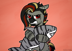 Size: 4093x2894 | Tagged: safe, artist:jellysketch, imported from derpibooru, oc, oc only, oc:bg, oc:bloody gash, oc:ruby blood, hybrid, shark, zony, fallout equestria, angry, black hooves, black mane, blaze (coat marking), choker, coat markings, collar, colored, commission, cute, digital art, ear piercing, ears back, facial markings, fallout equestria oc, fallout equestria: equestria the beautiful, fangs, female, filly, fins, foal, glare, gold mane, gray coat, gritted teeth, growling, grumpy, highlights, holding, hooves, leather, looking at you, mohawk, multicolored hair, nose wrinkle, piercing, plushie, protecting, red eyes, red mane, scrunchy face, sharp teeth, shaved head, sidehawk, simple background, snarling, solo, stripes, studded choker, teenager, teeth, toy, zony oc