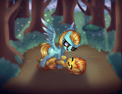 Size: 907x704 | Tagged: safe, artist:opal_radiance, imported from derpibooru, lightning dust, spitfire, pegasus, pony, duo, duo female, eyes closed, female, fun, lying down, mare, mud, on back, open mouth, open smile, playing, smiling, spread wings, wings