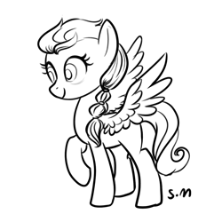 Size: 1136x1136 | Tagged: safe, artist:starfallmoonlight, imported from derpibooru, oc, oc only, pegasus, pony, black and white, female, grayscale, lineart, monochrome, solo, stand, wings