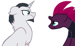 Size: 636x392 | Tagged: safe, artist:decokenite, imported from derpibooru, chancellor neighsay, fizzlepop berrytwist, tempest shadow, pony, unicorn, angry, broken horn, chest fluff, ears back, female, horn, looking at someone, male, mare, shipping, simple background, sitting, stallion, straight, tempest neighsay, tunic, white background