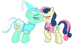 Size: 704x426 | Tagged: safe, artist:darlycatmake, imported from derpibooru, bon bon, lyra heartstrings, sweetie drops, earth pony, pony, unicorn, blushing, clothes, dress, dressup, eyes closed, female, happy, hennin, kissing, knight, knight rescues the princess, lesbian, lyra is amused, lyrabon, princess, princess lyra heartstrings, raised hoof, shipping, simple background, together, transparent background