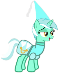 Size: 365x442 | Tagged: safe, artist:darlycatmake, imported from derpibooru, lyra heartstrings, pony, unicorn, amused, clothes, cute, dress, dressup, happy, hennin, lidded eyes, looking at someone, looking at something, lyra is amused, lyrabetes, open mouth, princess, princess lyra heartstrings, simple background, smiling, solo, transparent background